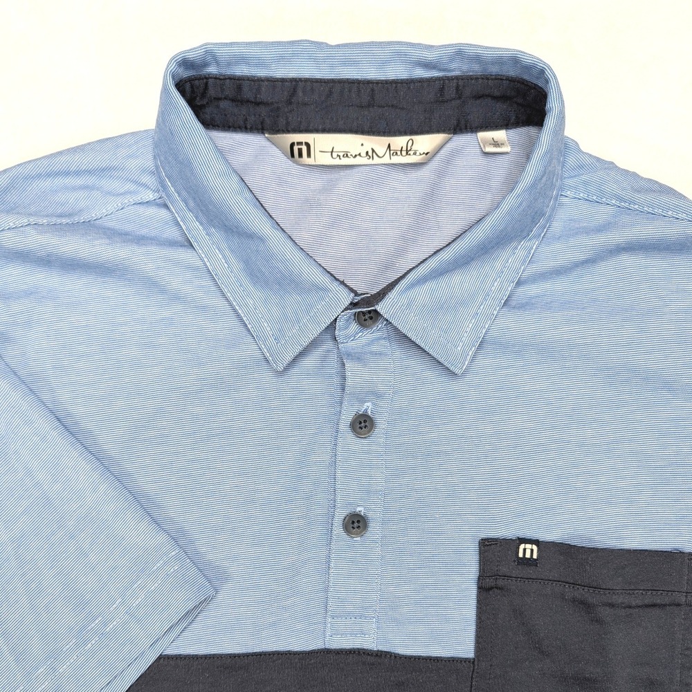 TravisMathew‎ Mens L Blue Colorblock Pima Cotton Blend Short Sleeve Golf Polo